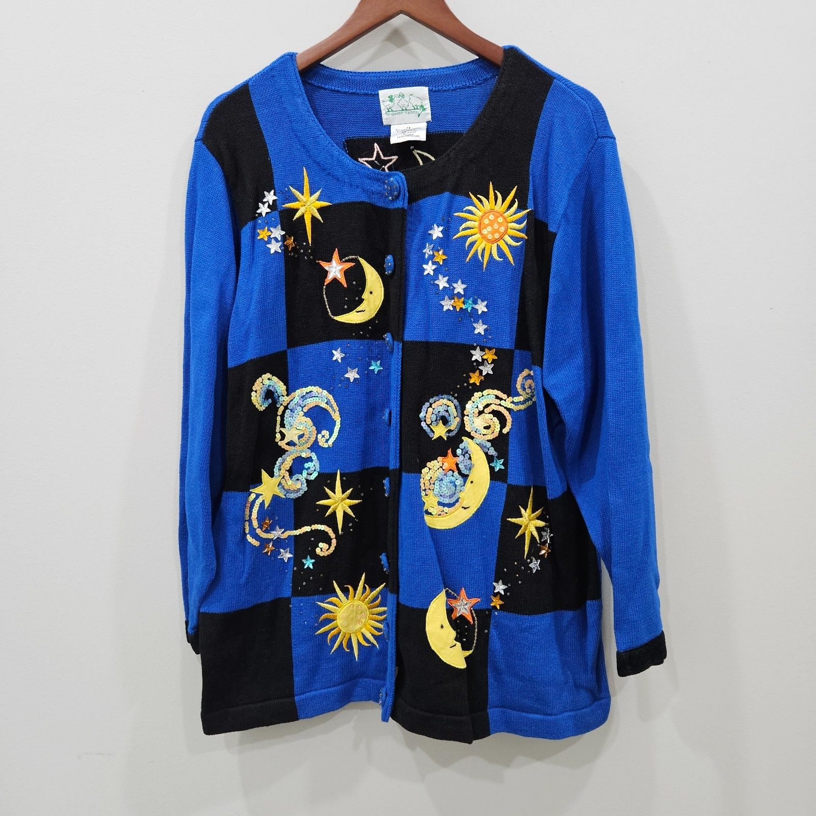Quacker Factory Womens Celestial Sun Moon Sweater Plus Size 1x Blue Grannycore